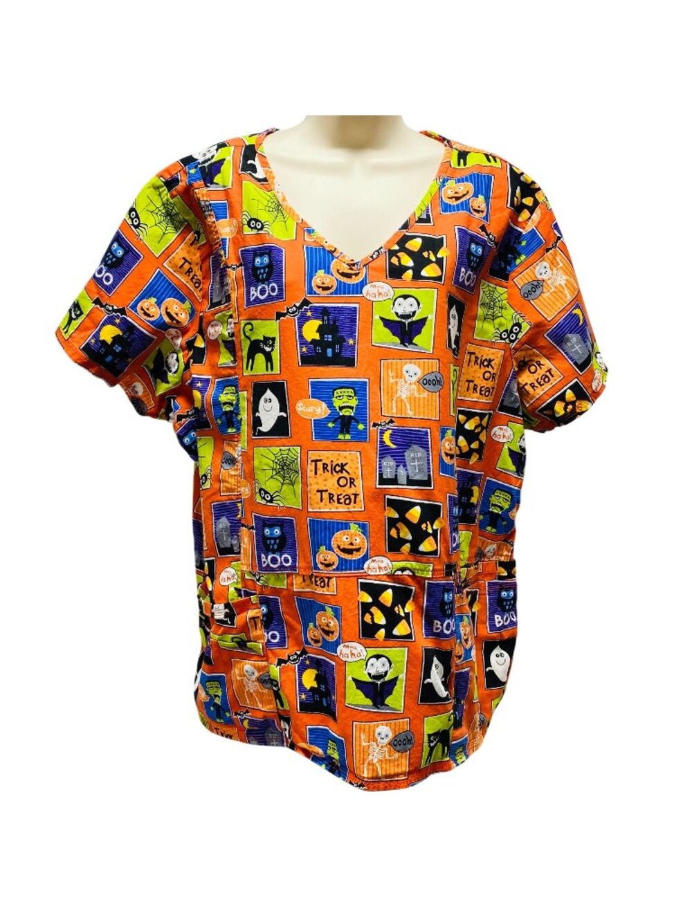 ScrubStar Halloween Print V-Neck Scrub Top 3X With Pockets Orange & Multicolor